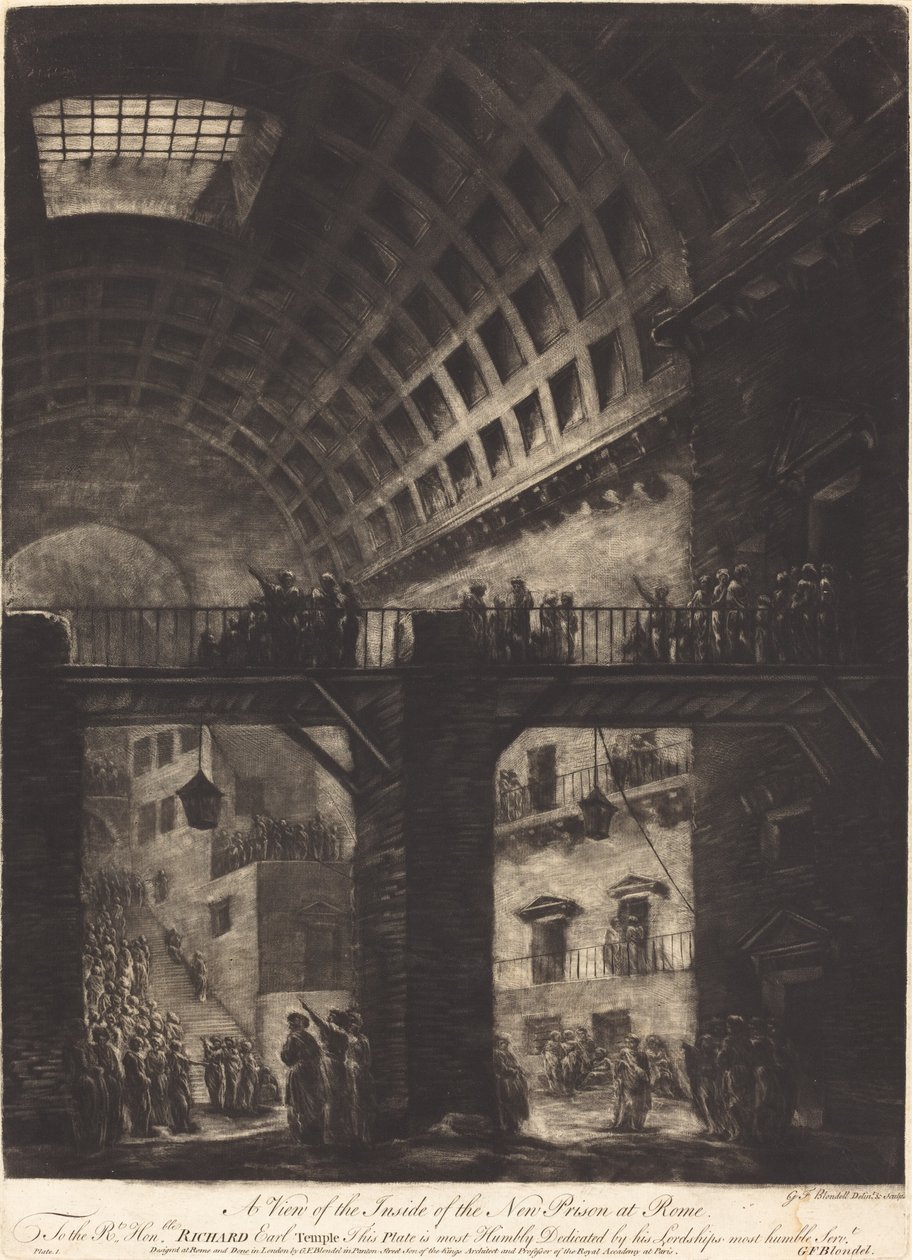 Uma visão do interior da nova prisão em Roma de Georges François Blondel