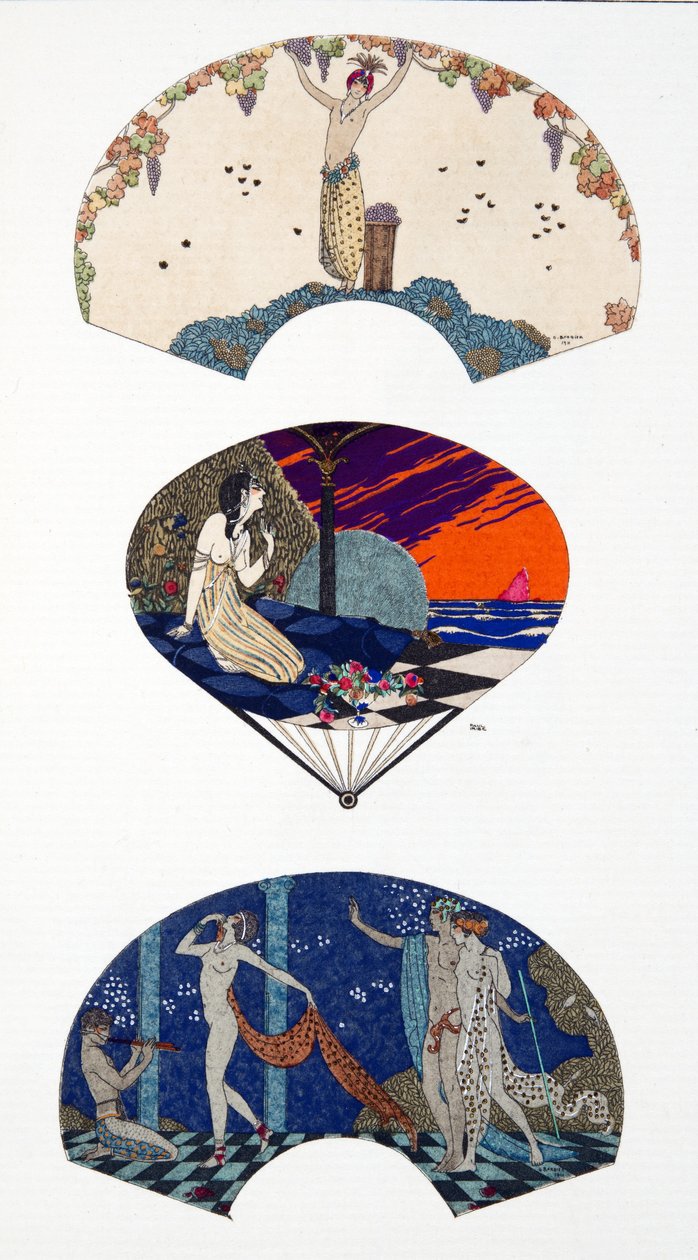 Fãs por Paquin, depois de G. Barbier e Paul Iribe. Placa 42, de Costumes Parisiens publicada no Journal des Dames et des Modes de Georges and Iribe Paul Barbier