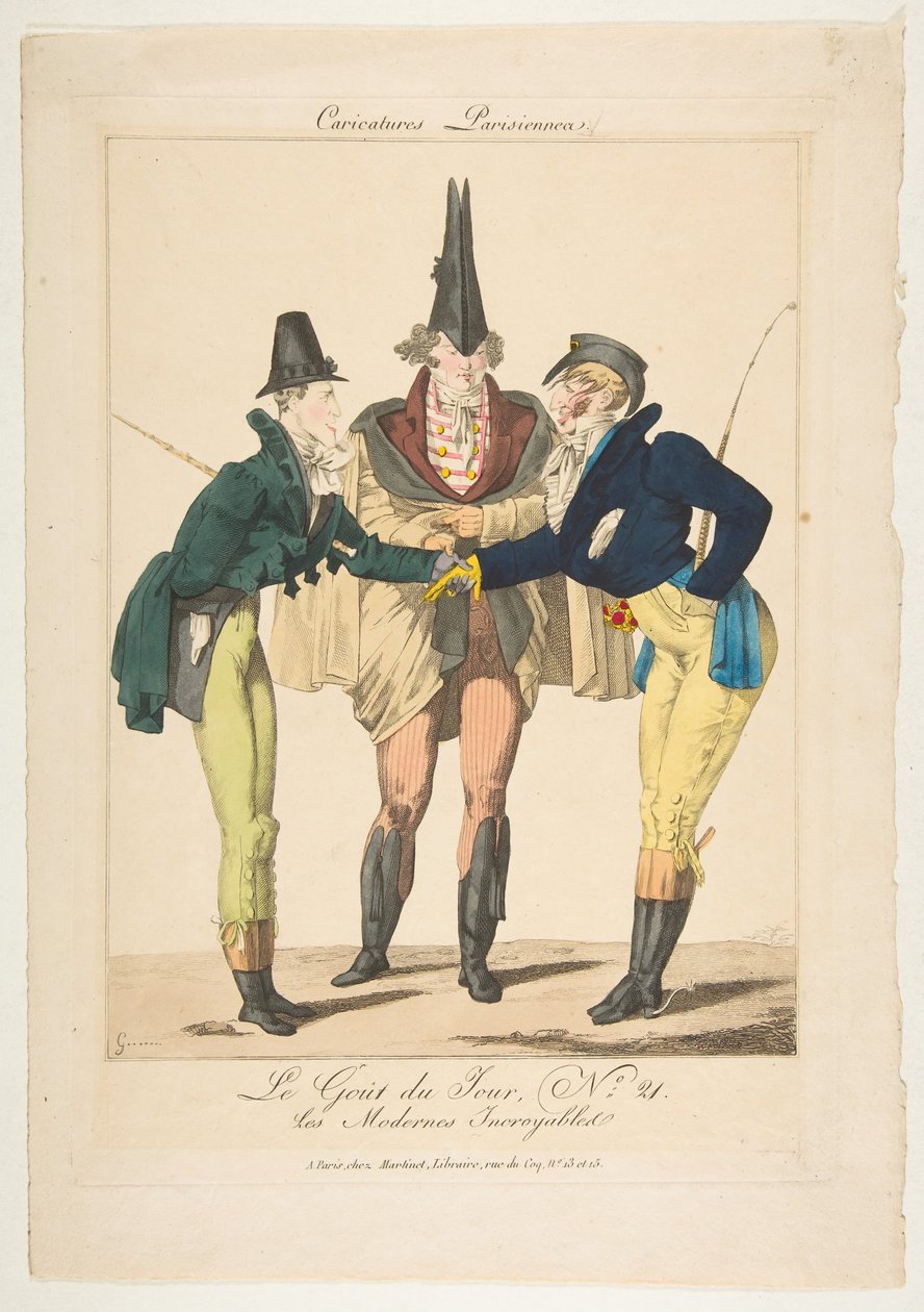 Le Goût du Jour, n ° 21: Les Modernes Incroyables, de Caricatures Parisiennes, ca. 1815 de Georges Jacques Gatine