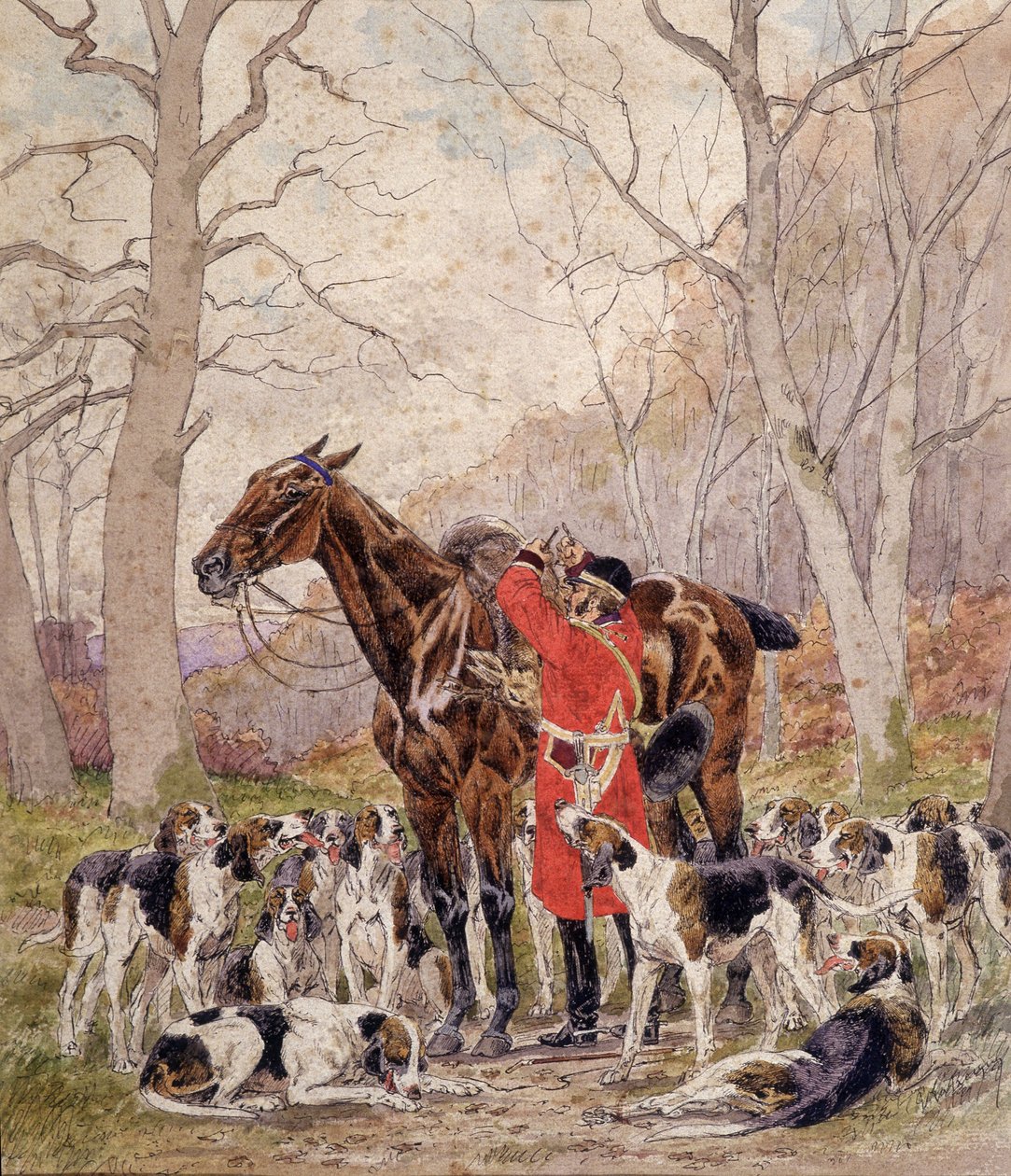 Carregando no cavalo de um veado morto durante uma caçada - desenho de Georges La Roque, por volta de 1900 de Georges La Roque