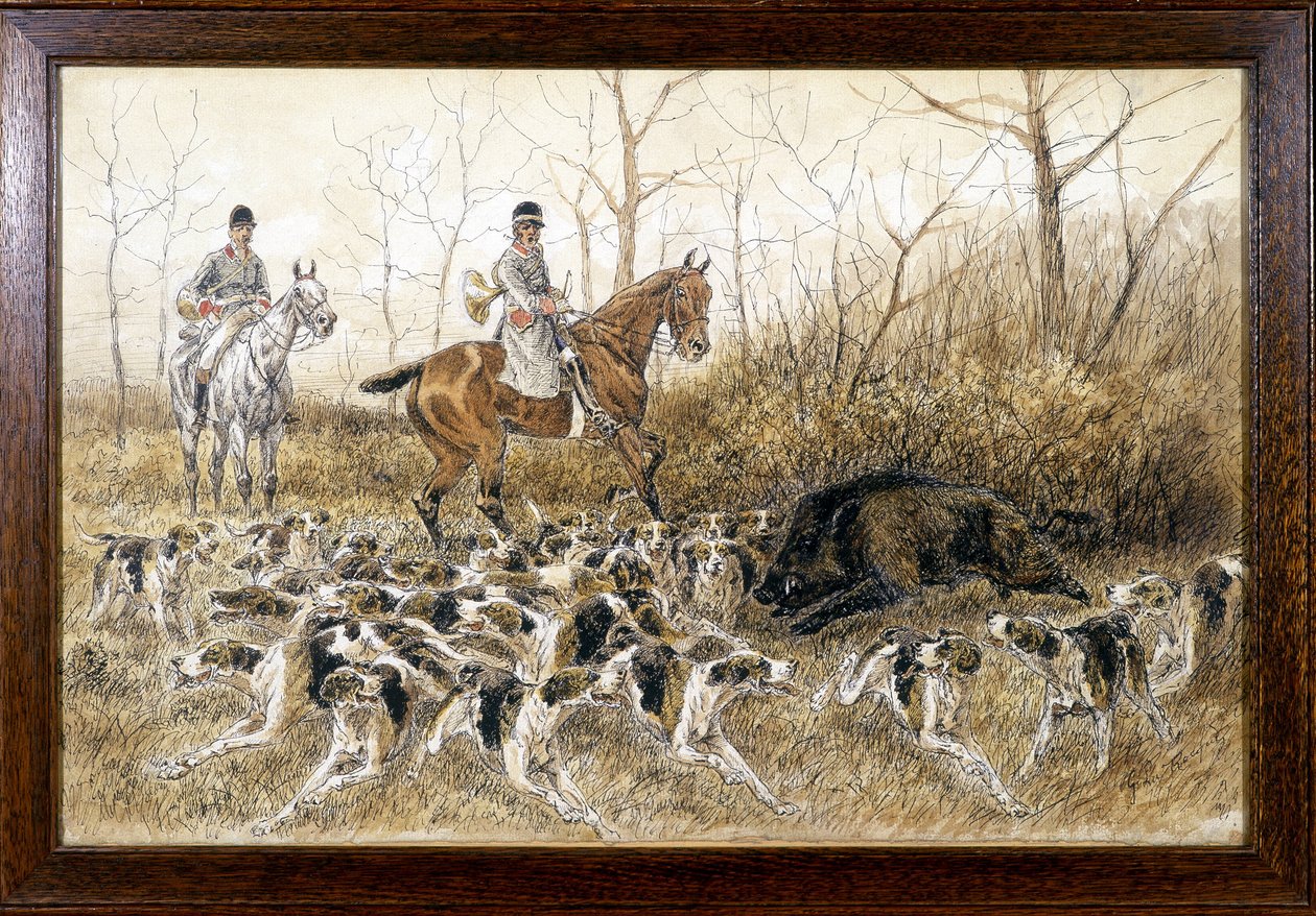 Matilha de cães à volta de um javali numa caça - desenho de Georges La Roque, cerca de 1900 de Georges La Roque