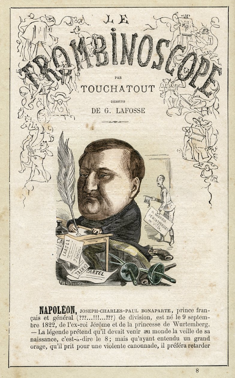 Napoleão Jerónimo (Napoleão-Jerónimo) Bonaparte . ilustração de "Le Trombinoscope", um periódico político satírico de Leon-Charles Bienvenu, conhecido como Touchatout (1835-1910) monografia N. 8, Paris de Georges Lafosse