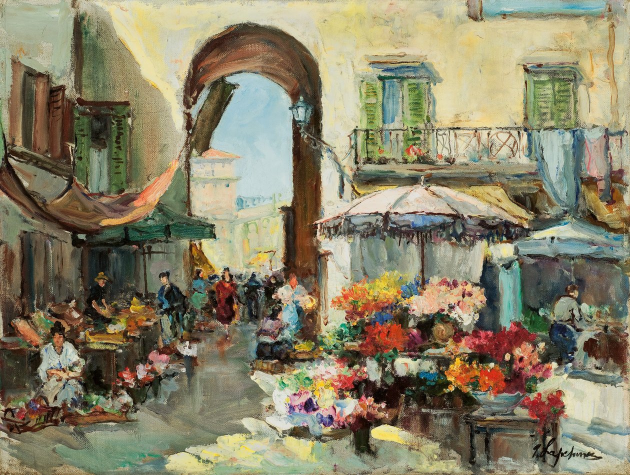 Um mercado de flores em Nice (óleo sobre tela) de Georges Lapchine
