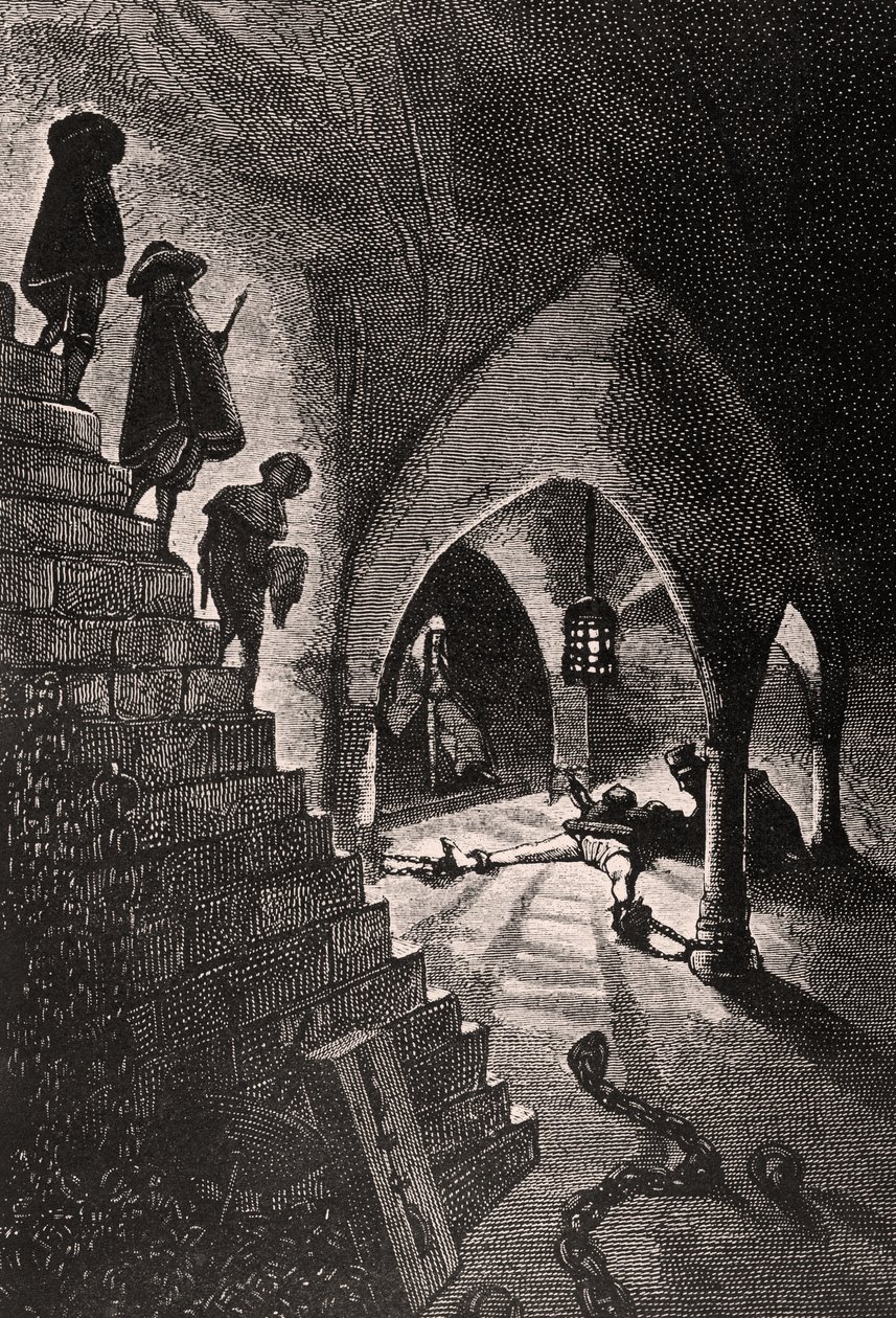 A caverna penal - ilustração do homem rindo, século XIX (gravura bw) de Georges Marie Rochegrosse