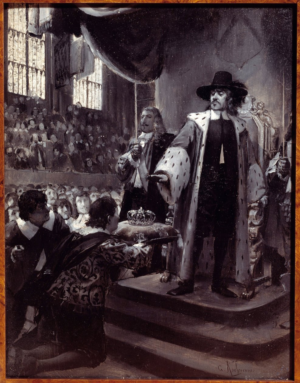 Olivier Cromwell (1599-1658) recusando a coroa O Lorde Protector da República da Grã-Bretanha foi proposto a coroa pela Humble Petition e Avis (Novo Parlamento) em 1658. Grisaille sobre madeira por Georges Antoine Rochegrosse (1859-1938) século XIX. de Georges Marie Rochegrosse