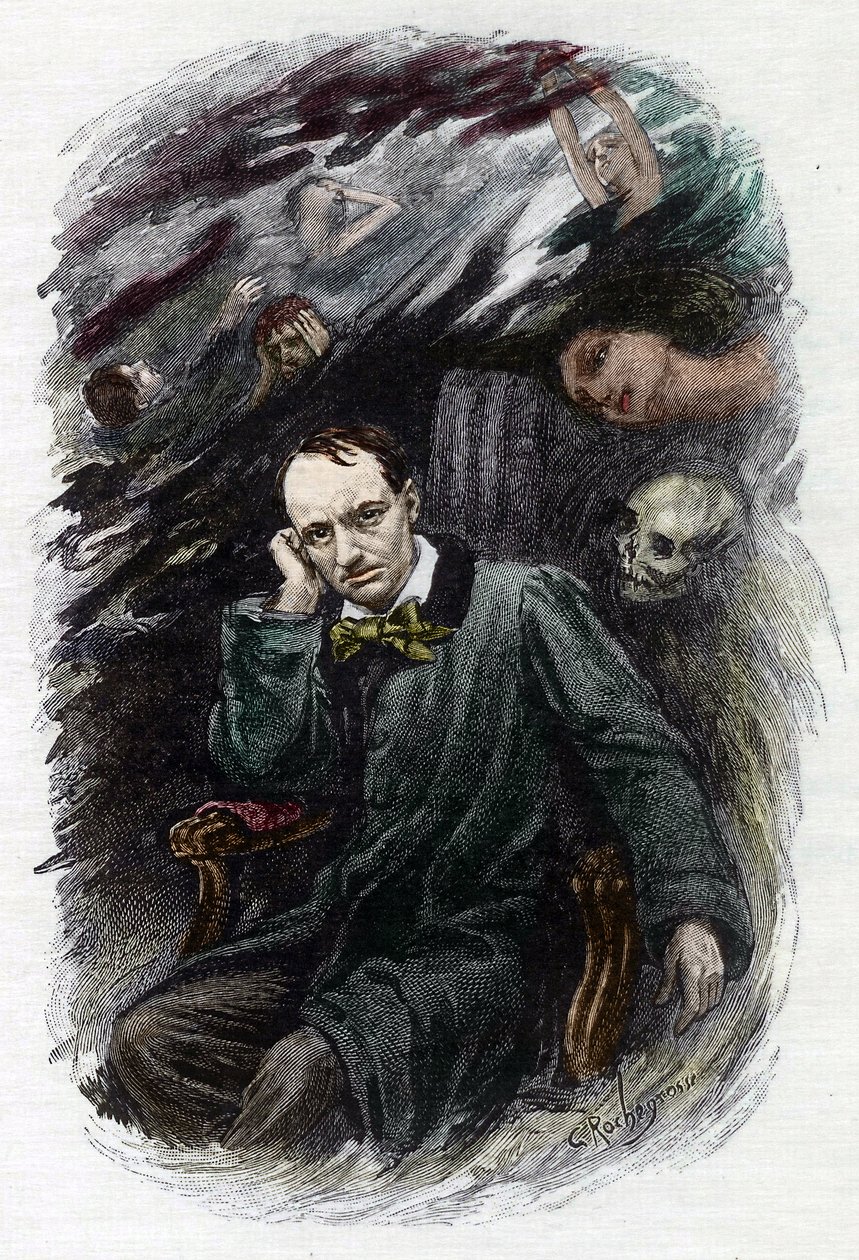 Retrato do poeta francês Charles Baudelaire (1827-1861) rodeia os seus fantasmas (Representação do poeta romântico francês Charles Baudelaire rodeado de fantasmas, ilustração para "As flores do mal") Ilustração de Georges Antoine Rochegrosse (1859-19 de Georges Marie Rochegrosse