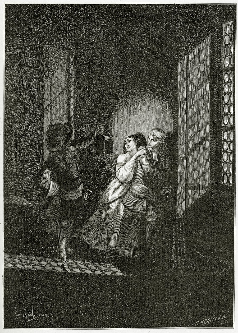 Os amantes Ethel e Ordener são capturados pelo tenente d&39;Alpheld - ilustração de Han d&39;Islande, século 19 (gravura bw) de Georges Marie Rochegrosse