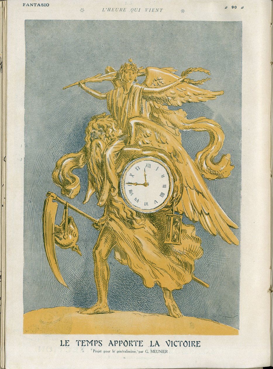 Ilustração de Georges Meunier (1869-1934) em "Fantasio", 01/04/15 - O tempo traz vitória - Guerra de 14-18, Vitória - Tempo (Alegoria de), Vitória (Alegoria) - Alegoria de Georges Meunier