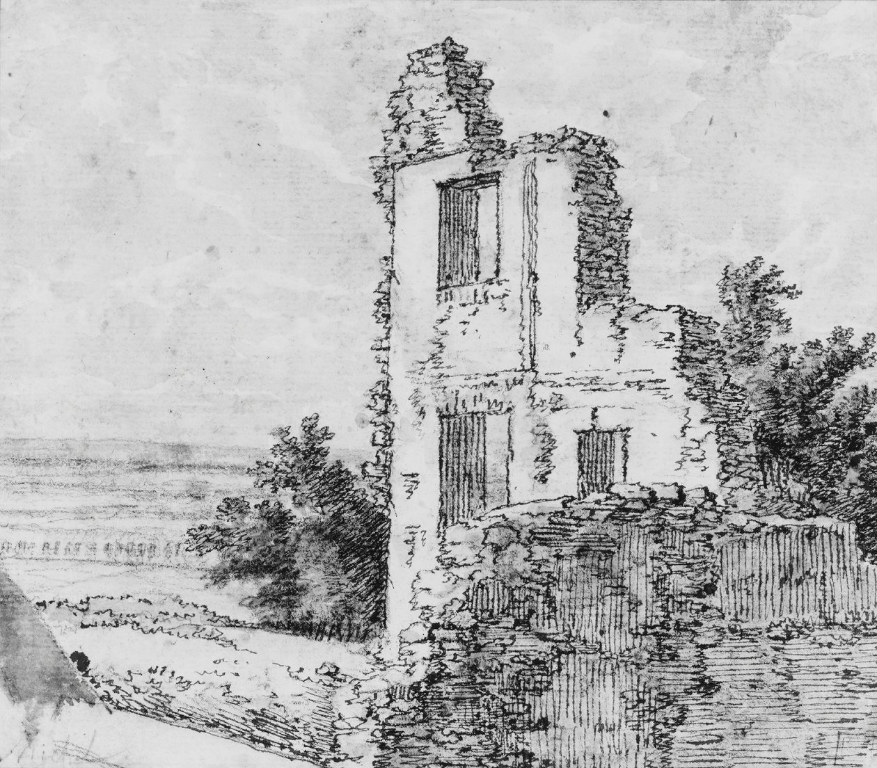 An Allée of Trees in a Park reto, The Ruins of a Building on a Hill verso, s.d.. de Georges Michel