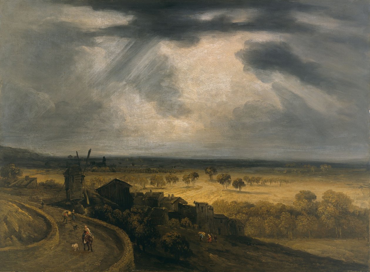 Paisagem de Montmartre com moinho de vento, c.1810-20 (óleo sobre papel sobre cartão duro sobre tela) de Georges Michel