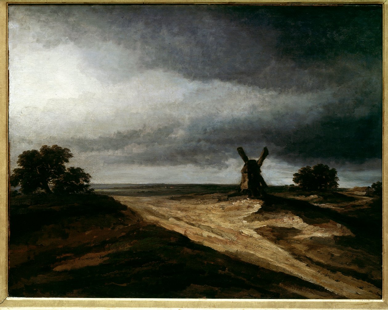 Os arredores de Montmartre paisagem parisiense com moinho. pintura de Georges Michel (1763-1843) Século XVIII Sol. 0,64 X 0,80 m Paris, Musee du Louvre de Georges Michel