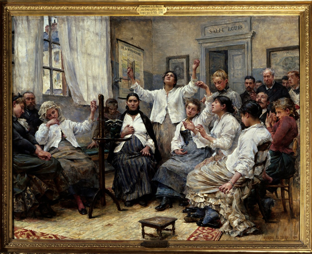 Os fascinantes da Caridade (serviço do Doutor Luys). Cena no Hôpital de la Charite em Paris: pacientes com histeria e outras doenças mentais estão sendo observados por médicos no fundo da sala. Na parede um poster sobre os métodos de hipnose como tratament de Georges Moreau de Tours