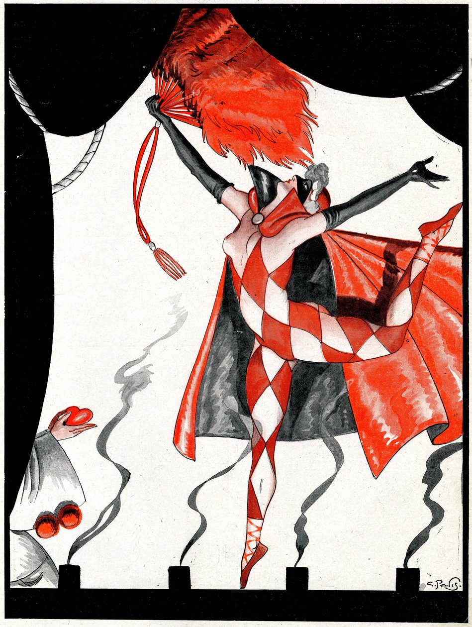 A eterna pantomima, o Valete de Copas e a Rainha de Diamantes - ilustração de la Vie Parisienne de Georges Pavis