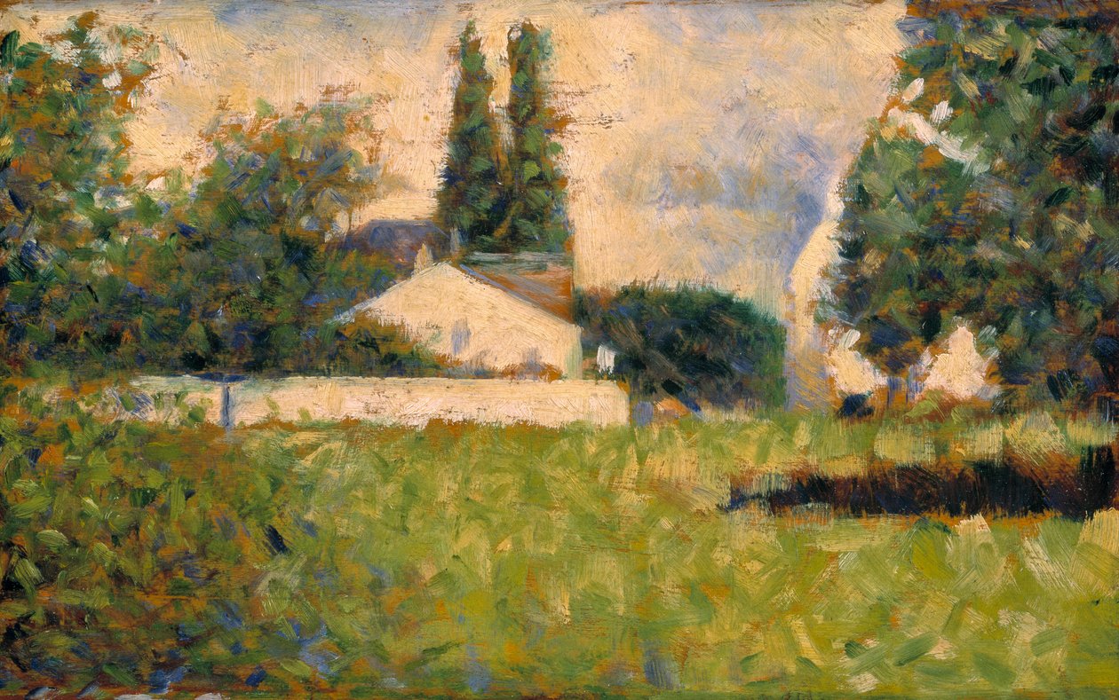 Casa entre árvores / Maison dans les Arbres, c.1883 (óleo sobre painel) de Georges Pierre Seurat