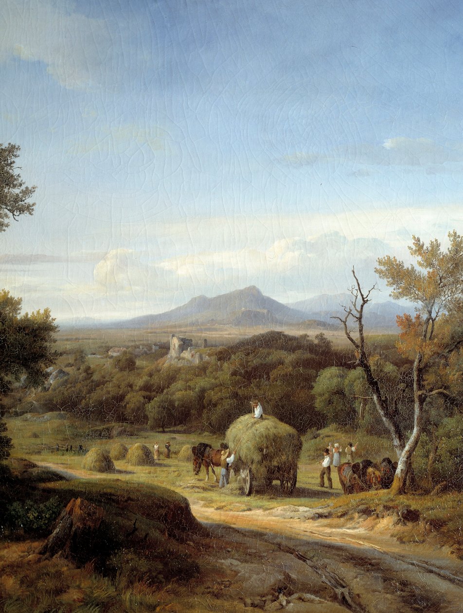 Cena do país. Detalhe esquerdo. Pintura Georges Prieur (século 19) de Georges Prieur
