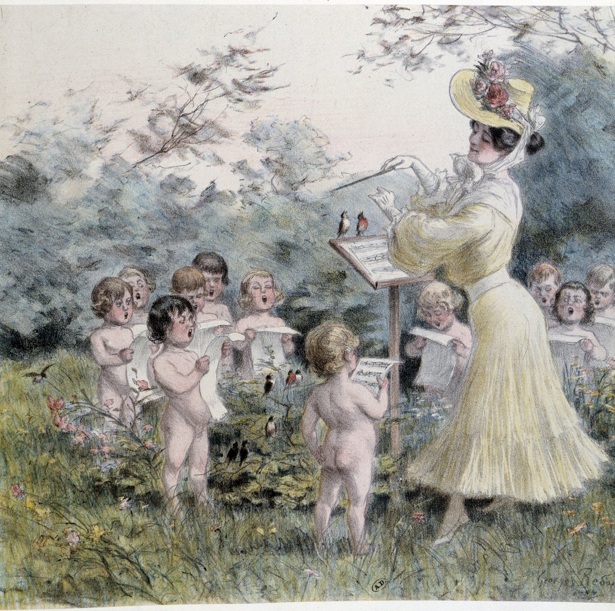 Amours: jovem mulher cantando querubins de Georges Redon