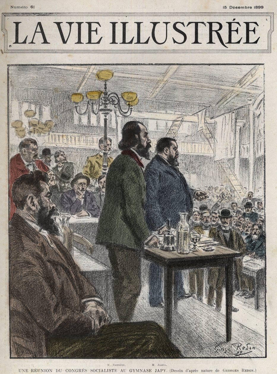 Congresso Geral de Organizações Socialistas, realizado em Paris em dezembro de 1899, no Ginásio Japy - Jean Jaures (1859-1914) e Eugene Fournier (1857-1914) desenho de Georges Redon - la vie illustree de 1899 de Georges Redon