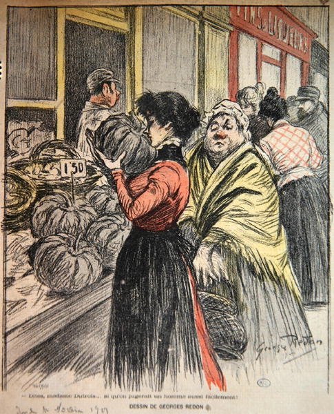 Duas mulheres escolhendo uma abóbora em um mercado, no final do século XIX (cor litho) de Georges Redon