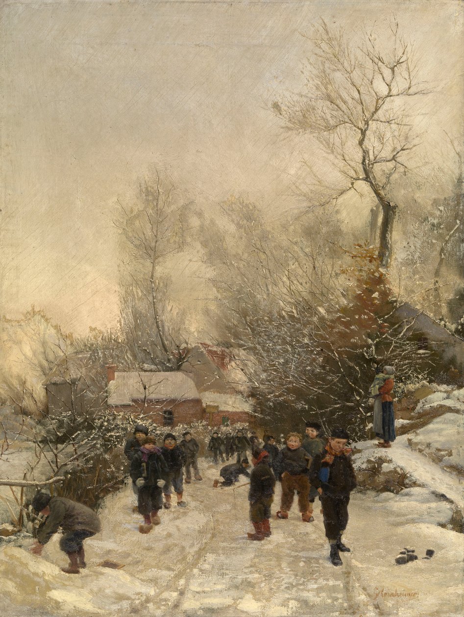 Aldeia com Crianças na Neve (óleo sobre tela) de Georges Reinheimer