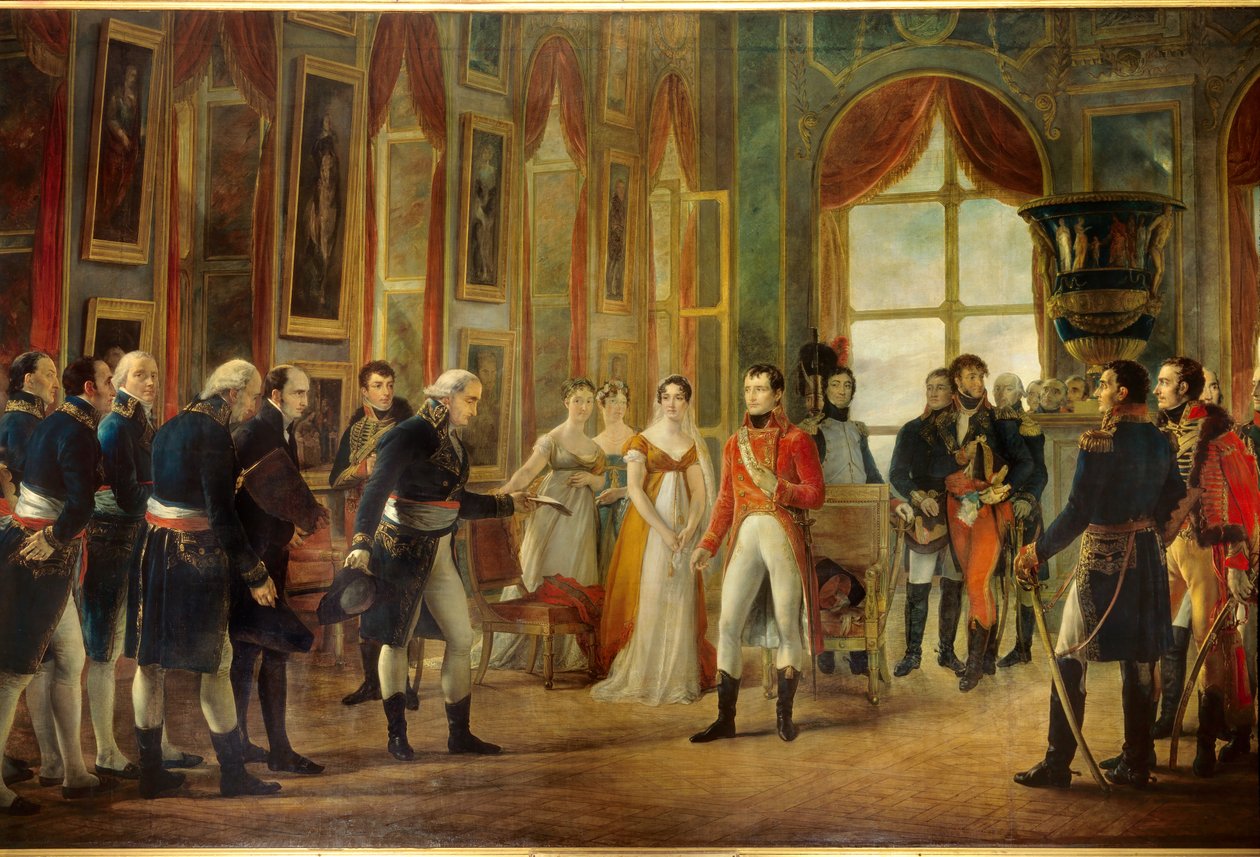 Napoleão I (1769-1821) recebeu em Saint-Cloud o Senatus-Consulte que o proclamou Imperador dos franceses em 18/05/1804 (atrás da imperatriz Josefina, está sua filha Hortense e sua cunhada Marie-Annonciade, Caroline Bonaparte (1782-1839)). Je de Georges Rouget