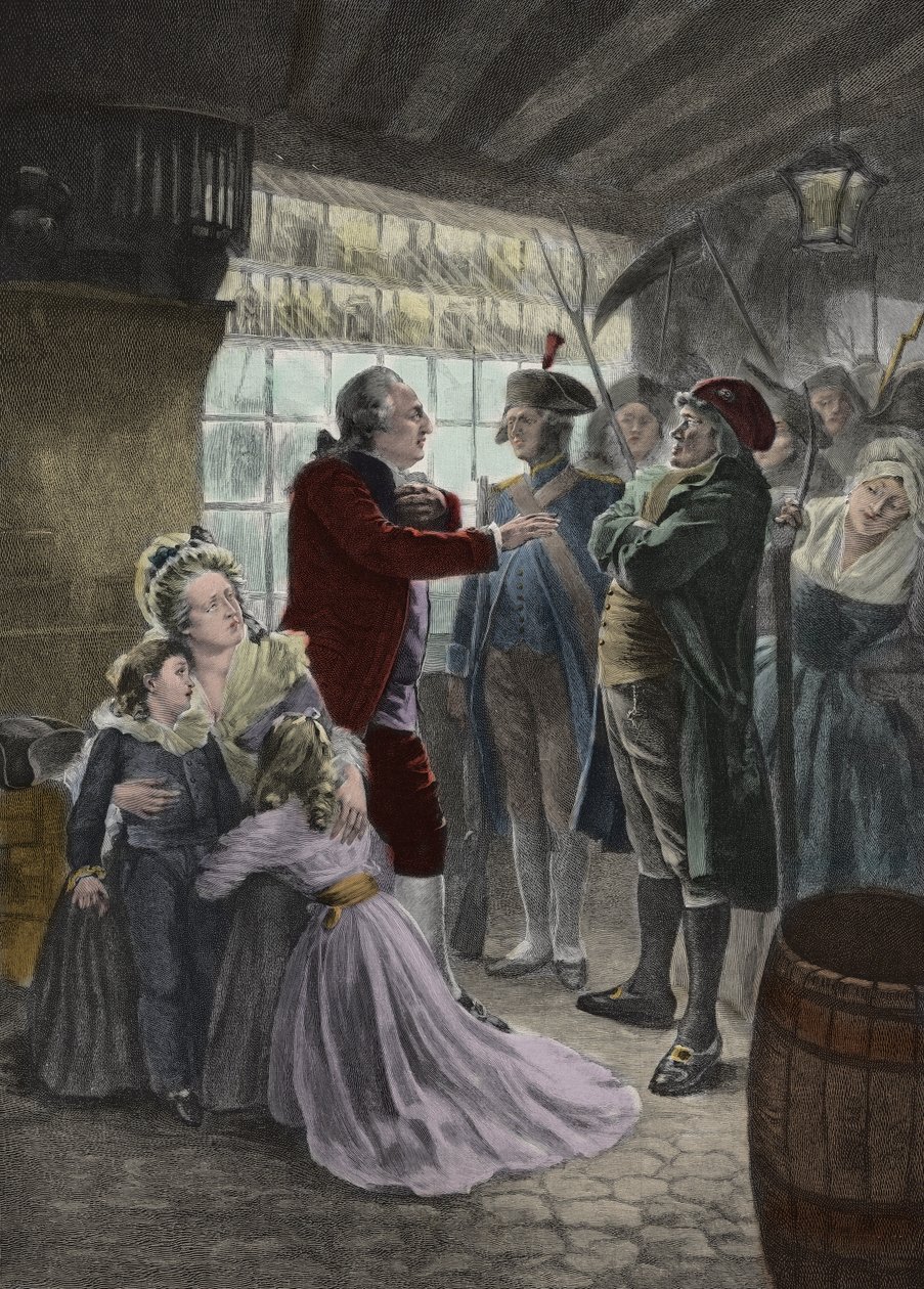 Revolução Francesa: 21 de Junho de 1791 A família real (Luís XVI Rei de França, Rainha Maria Antonieta e seus dois filhos Madame Isabel, irmã do Rei, e a governanta das crianças) apanhada na estalagem de Varennes (Varennes-en-Argonne) durante o de Georges Roussin