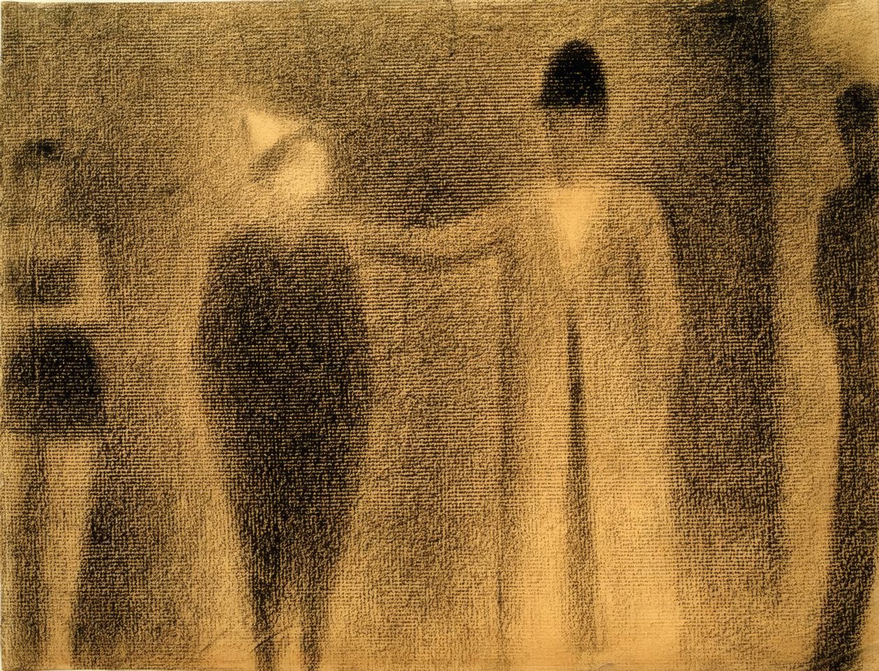 Personagens de palhaço e trois (palhaço e três figuras - estudo) de Georges Seurat