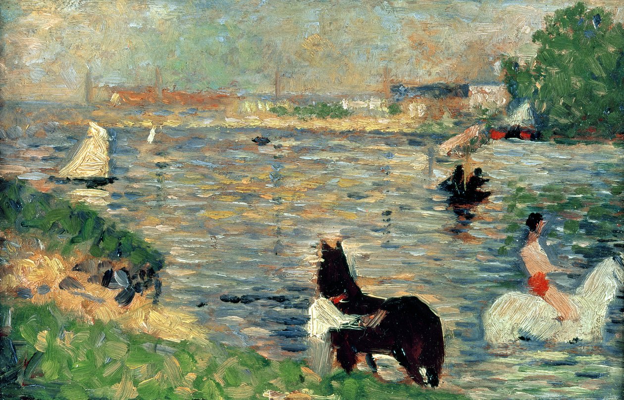 Cavalos em um rio, c.1883 (painel) (estudo para Baignade) de Georges Seurat