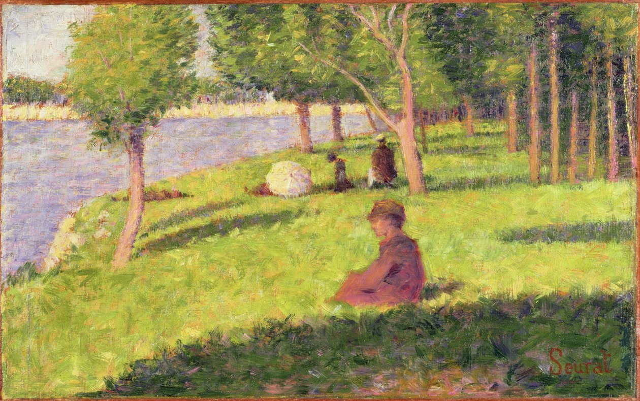 Figuras Sentadas, Estudo para um Domingo à Tarde na Ilha de La Grande Jatte, 1884-85 (óleo sobre painel de madeira) de Georges Seurat