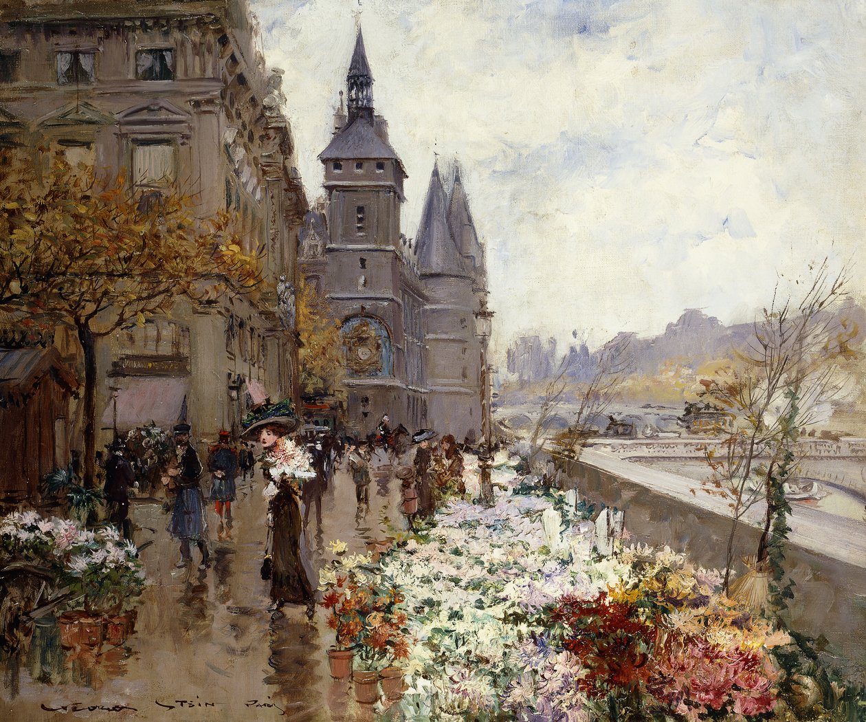 Um mercado de flores ao longo do Sena, de Georges Stein
