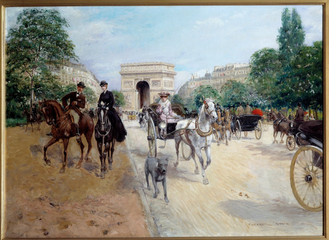 Cavaleiros e acopladores na avenue du bois em Paris Au fond l