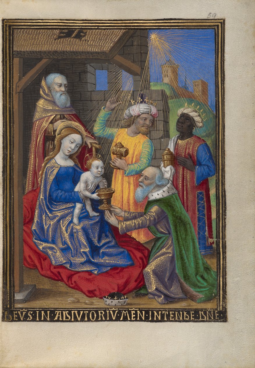 A Adoração dos Magos de um Livro de Horas Ms. 48 fol. 59, c.1480-90 (têmpera, folha de ouro e tinta em pergaminho) de Georges Trubert