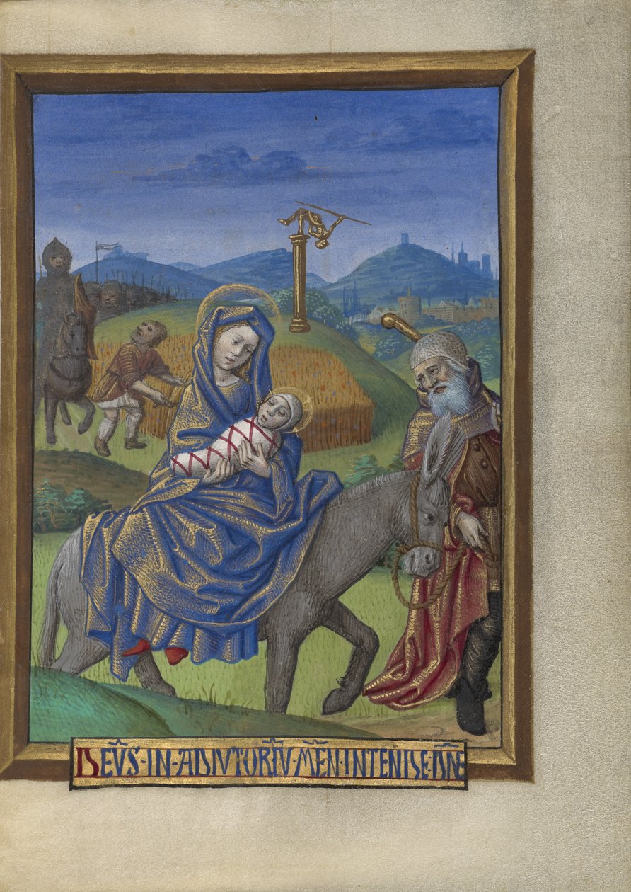 A fuga para o Egito de um livro de horas Ms. 48 fol. 67, c.1480-90 (têmpera, folha de ouro e tinta em pergaminho) de Georges Trubert