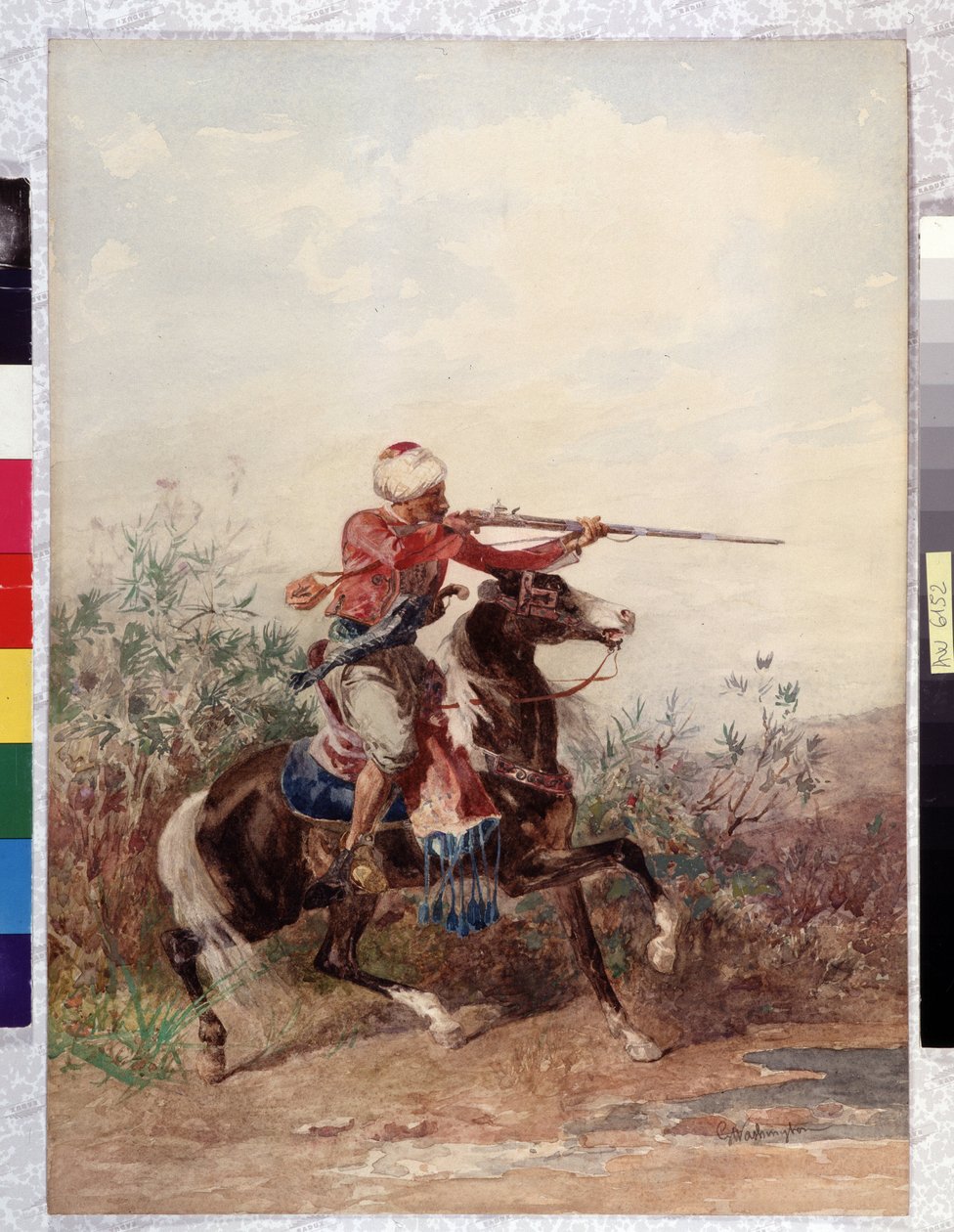 Orientalismo: "Cavaleiro a puxar um cavalo" Pintura de Georges Washington (1827-1910) Menção obrigatória: Fondação de colecção no que respeita a de Provence, Marselha de Georges Washington