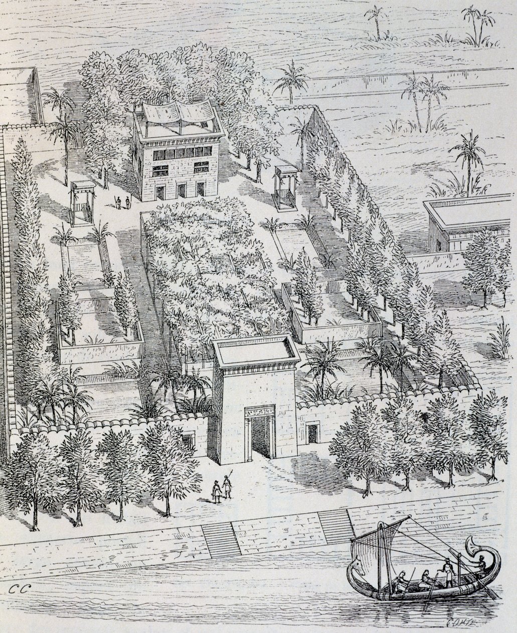 Vista da villa egípcia ao longo do Nilo, reconstrução por Chipiez, da História da arte na antiguidade (Egipto, Assíria, Pérsia, Ásia Menor, Grécia, Etrúria, Roma) de Georges and Chipiez Charles Perrot