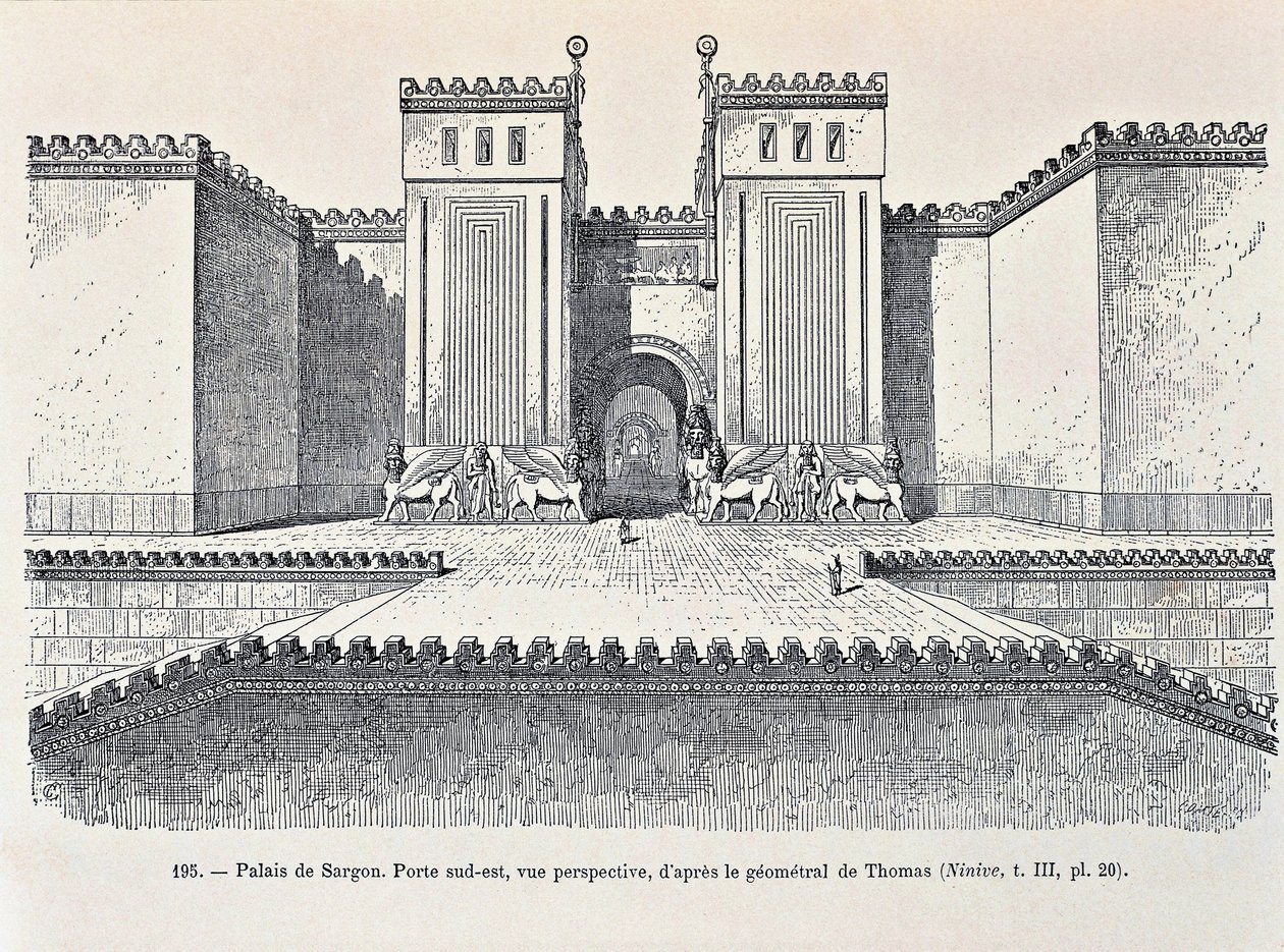 Reconstrução do portão sudeste do Palácio de Sargon em Dur-Sharrukin ("Fortaleza de Sargon"), hoje Khorsabad (gravura) de Georges and Chipiez Charles Perrot