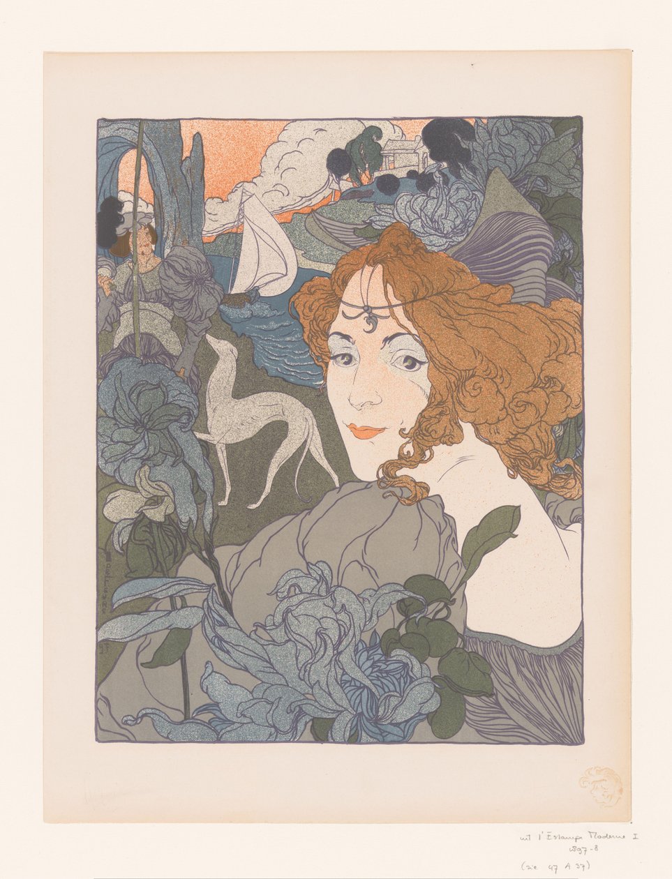 Senhora com um nobre e galgo por um rio Le voltar de Georges de Feure