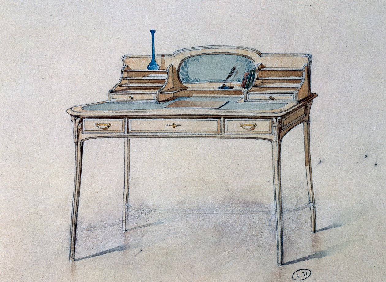 Desenho para uma escrivaninha Art Nouveau para o Atelier Bing (Art Nouveau Workshop), c.1900 (aguarela e lápis) de Georges de Feure