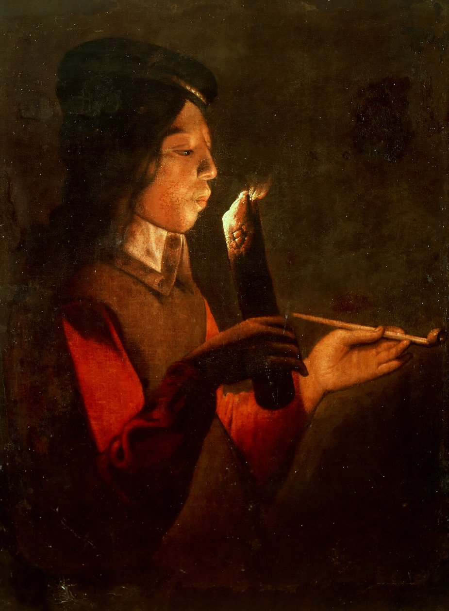Um menino com um cachimbo, soprando em um incendiário Le Souffleur à la pipe. de Georges de, La Tour