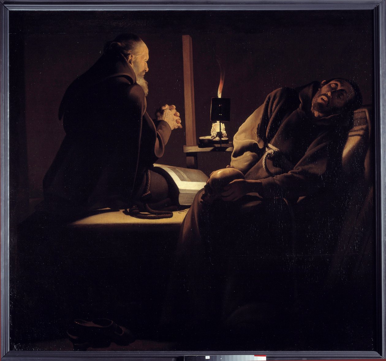 O êxtase de São Francisco também chamou um monge em oração perto de um monge moribundo ou dos dois monges. Pintura (Vanite) por Georges de La Tour (1593-1652) de Georges de la (after) Tour
