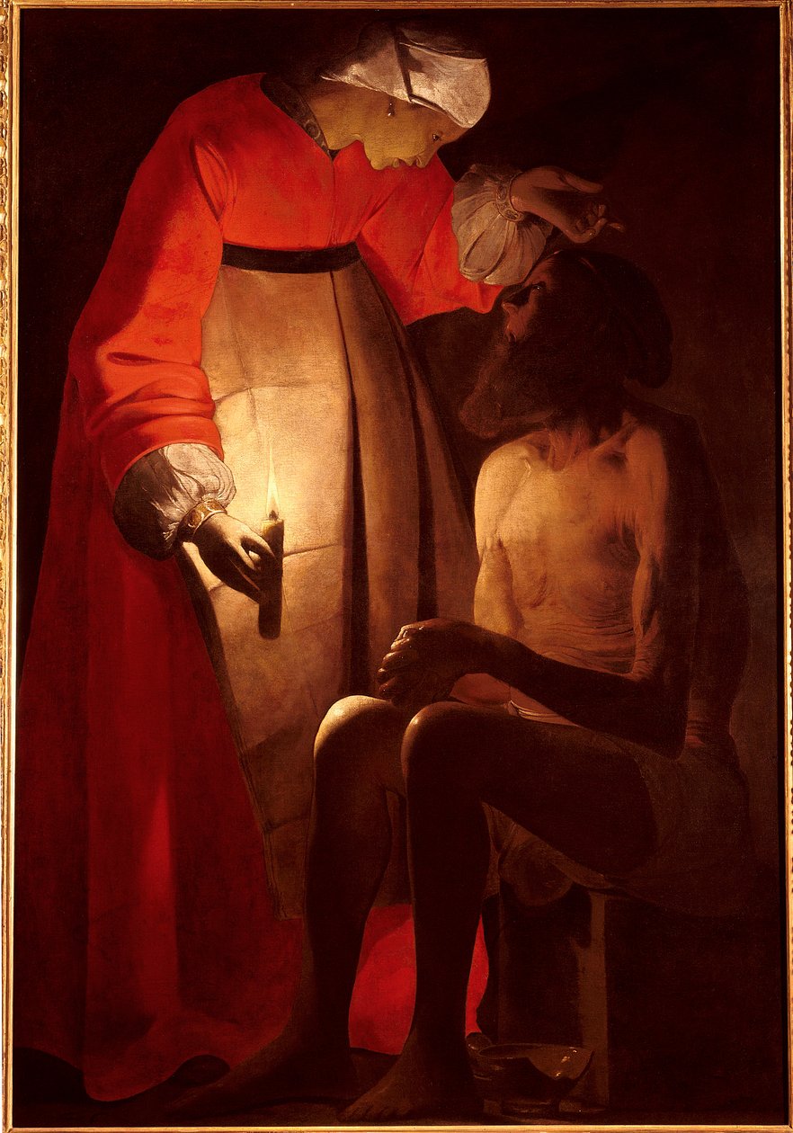 O trabalho está a ser feito pela mulher dele. Pintura de Georges De La Tour (1593-1652) de Georges de La Tour