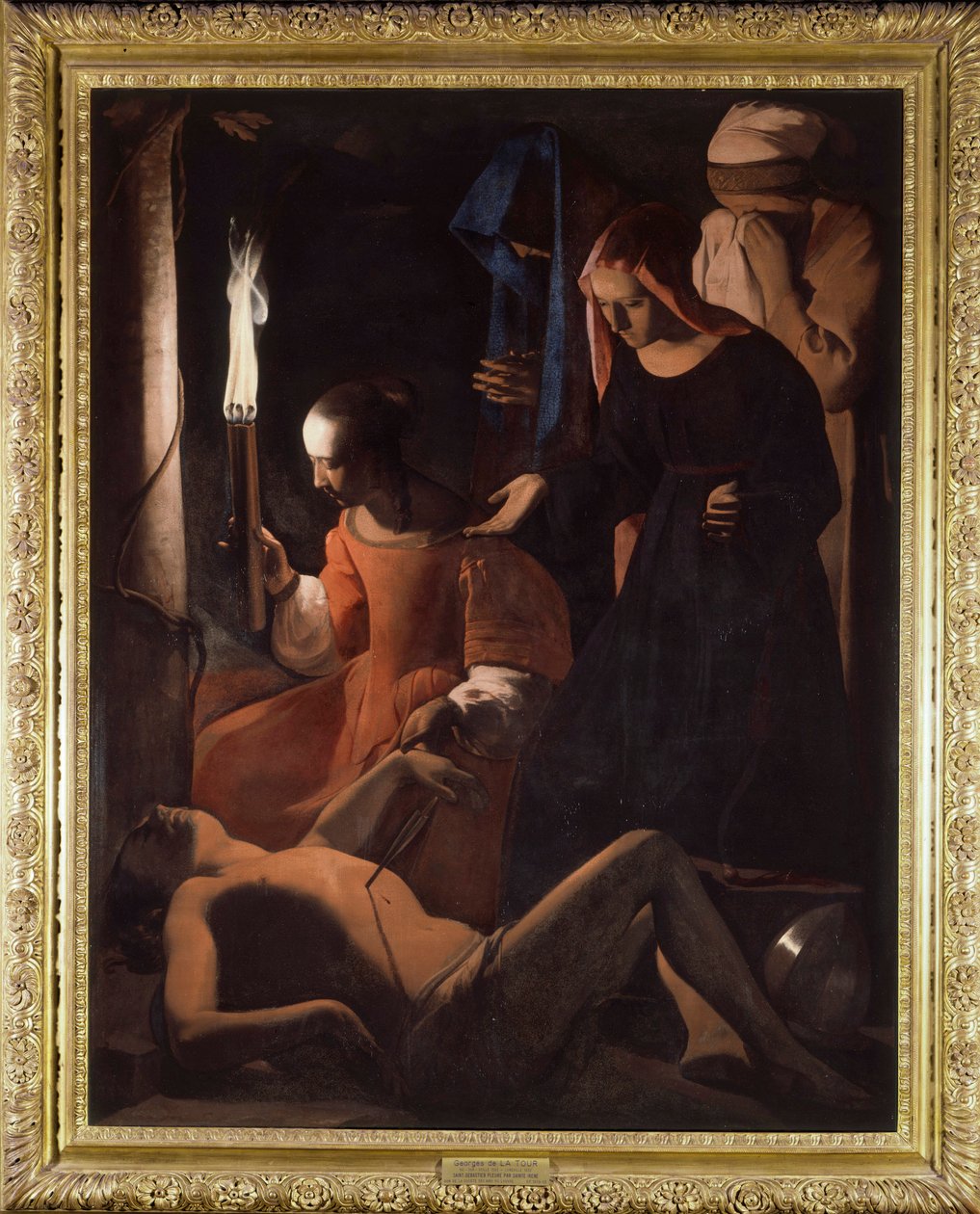 São Sebastião está a ser tratado por Santa Irene. (São Sebastião oferecido por Santa Irene) Pintura por Georges De La Tour (1593-1652) de Georges de La Tour