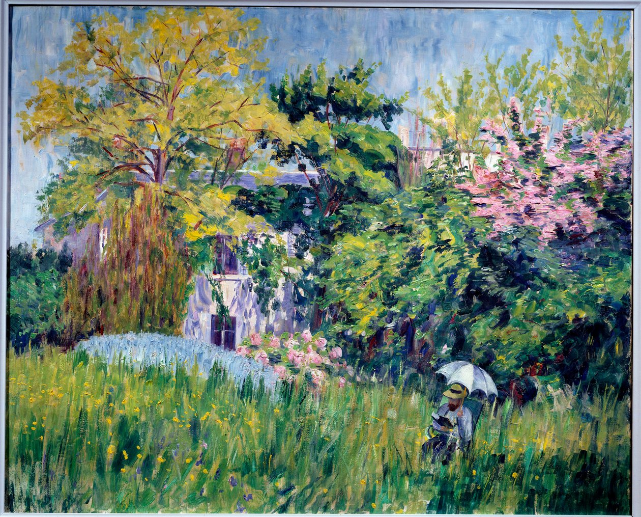 O jardim de Bonnieres Um leitor tem debaixo de um guarda-chuva em relva alta. Pintura de Georgette Agutte (1867-1922) 1909-1910. Óleo sobre tela, 81 x 100 cm. Grenoble, musee des Beaux Arts - O jardim de Bonnieres. Um leitor debaixo de um guarda-chuva, na  de Georgette Agutte