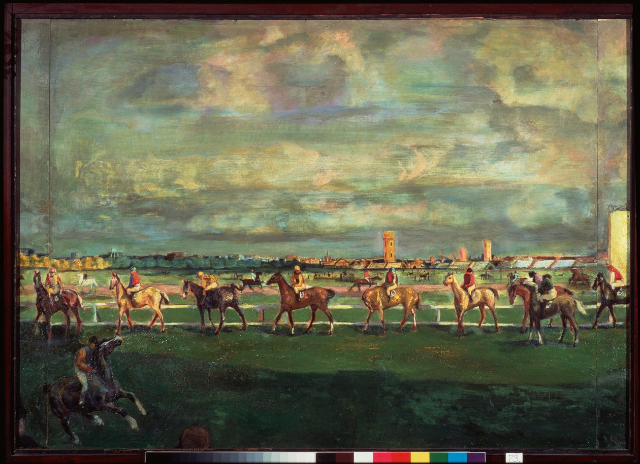 Horseracing - Pintura por Georgi Bogdanovich Yakulov (1884-1928), óleo sobre madeira de Georgy Bogdanovich Yakulov