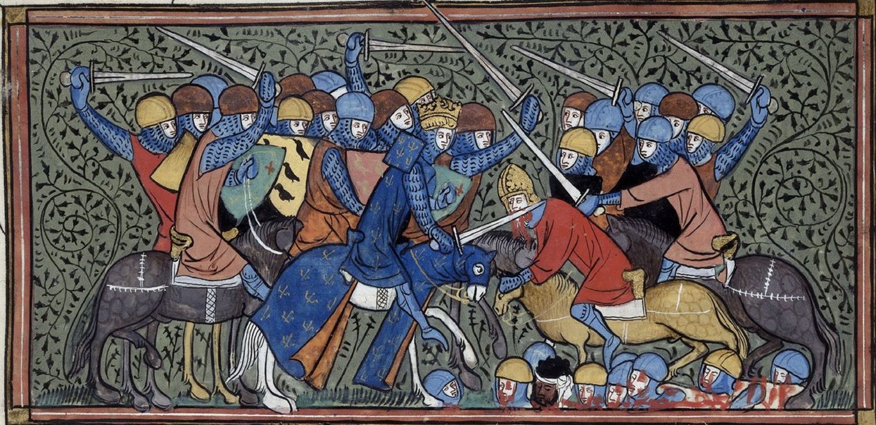 Carlos Martel derrotando Eudo e os Sarracenos, Grandes chroniques de France, Royal 16 G.VI, f.117v, c. 1332-1350 (22727638241) de Georgia Levan Ramishvili from Tbilisi