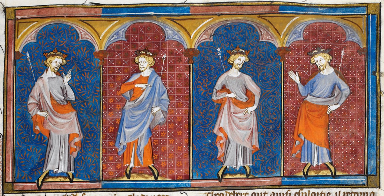 Clodomire, Childebert, Theodoric e Clothaire, de Chroniques de France ou de St Denis, século XIV (22093692824) de Georgia Levan Ramishvili from Tbilisi