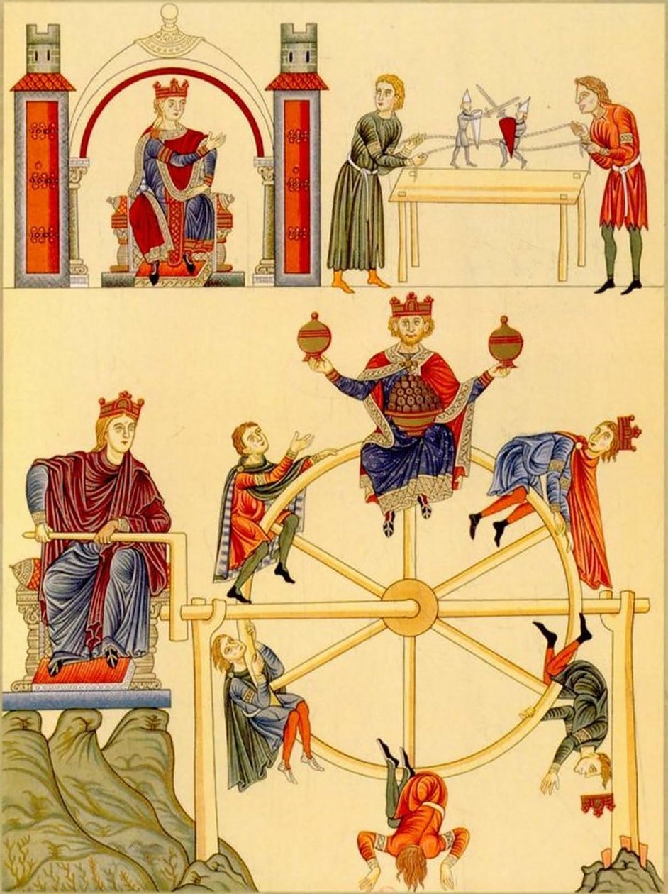 Marionetas de cavaleiros combatentes e roda da fortuna do Hortus Deliciarum de Herrad de Landsberg, 1167-85 (27665671887) de Georgia Levan Ramishvili from Tbilisi