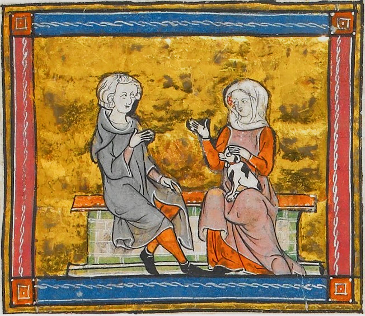 Lancelot em conversa com uma senhora que segura um pequeno cão preto e branco, de Morte Artu, c. 1315-1325 (41067329535) de Georgia Levan Ramishvili from Tbilisi