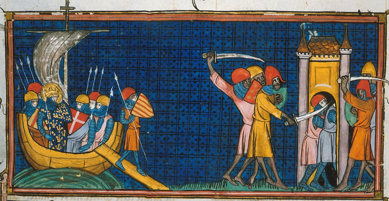 Luís IX desembarcando em Tunes e os franceses sendo isolados pelos sarracenos na torre, de Chroniques de France ou de St Denis, século XIV (22528512660) de Georgia Levan Ramishvili from Tbilisi