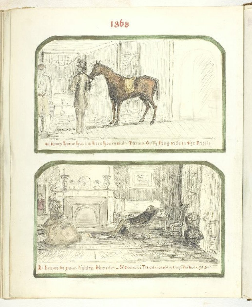 Sem título [homem com cavalo e casal relaxando junto ao fogo], 1868. de Georgina Cowper