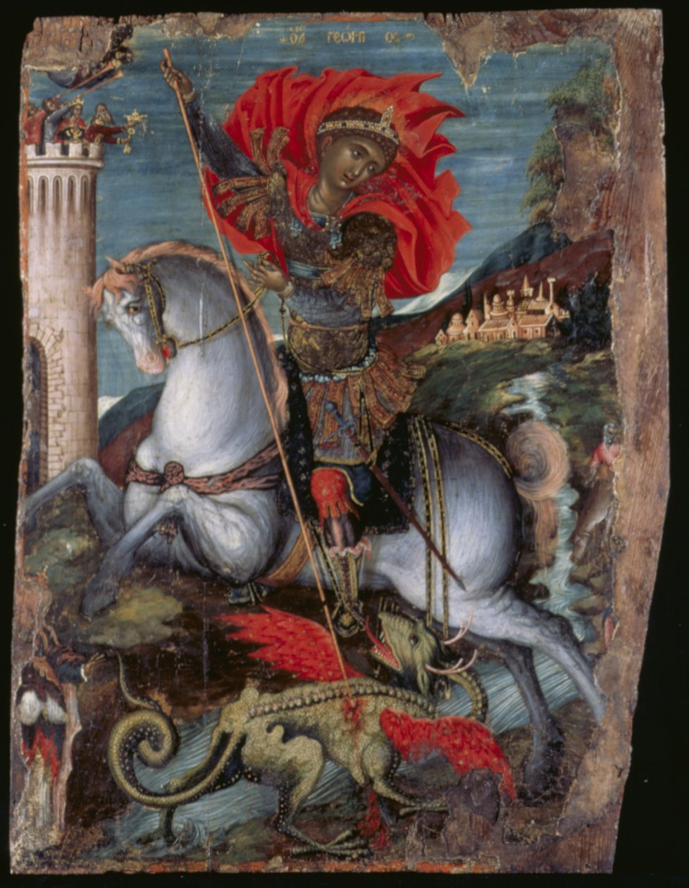 Ícone de São Jorge a Cavalo Matando o Dragão (têmpera de ovo no painel) de Georgios Klontzas